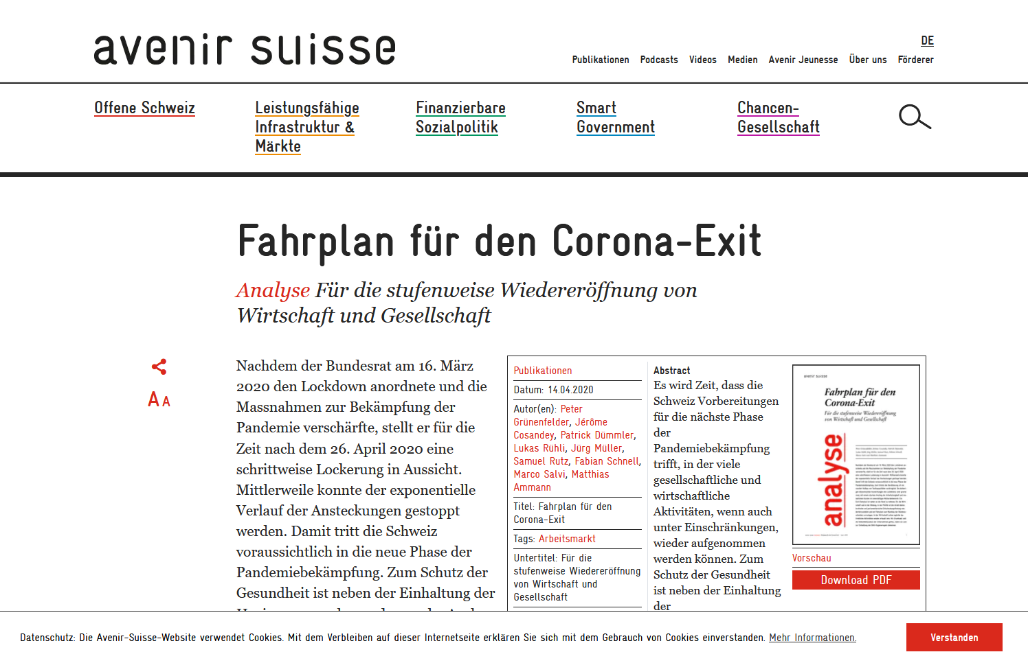 Neue Publikation von Avenir Suisse: „Fahrplan für den Corona-Exit. Für die stufenweise Wiedereröffnung von Wirtschaft und Gesellschaft.“